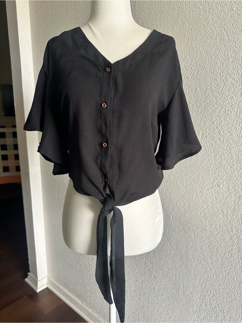FAVLUX Black Button-Front Tie V-Neck Blouse